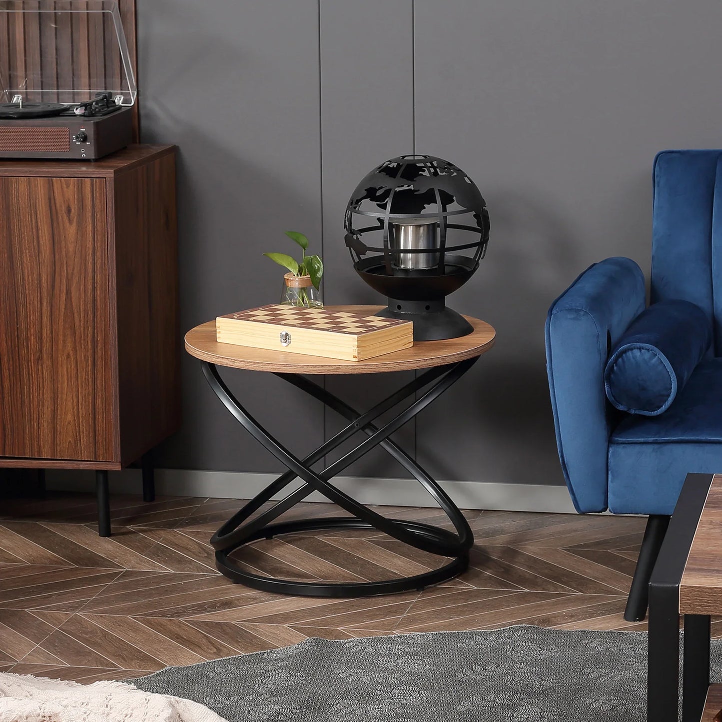 Table basse ronde en bois effet bois avec piètement métal noir