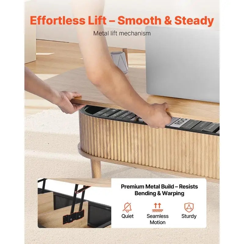 Table basse bois clair ovale avec plateau relevable et rangement caché 100 cm