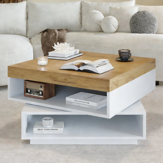 Table basse blanche et en bois carrée 65x65x40 cm avec plateau pivotant 360° et lumières LED