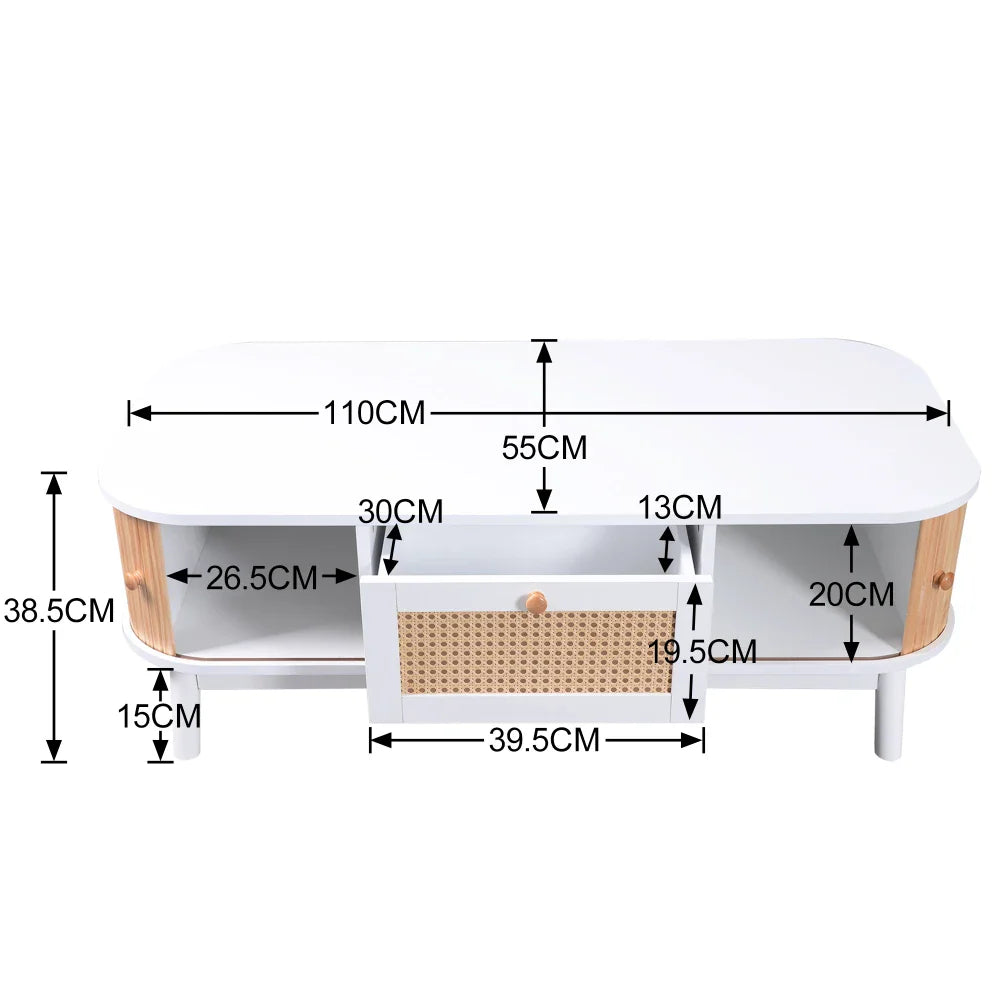 Table basse blanche et en bois avec tiroir en rotin et portes coulissantes 110 x 55 x 38,5 cm MDF