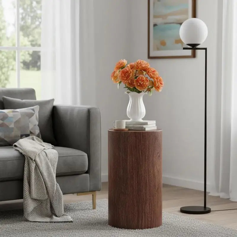 Table basse ronde en bois MDF noyer avec piètement métal noir