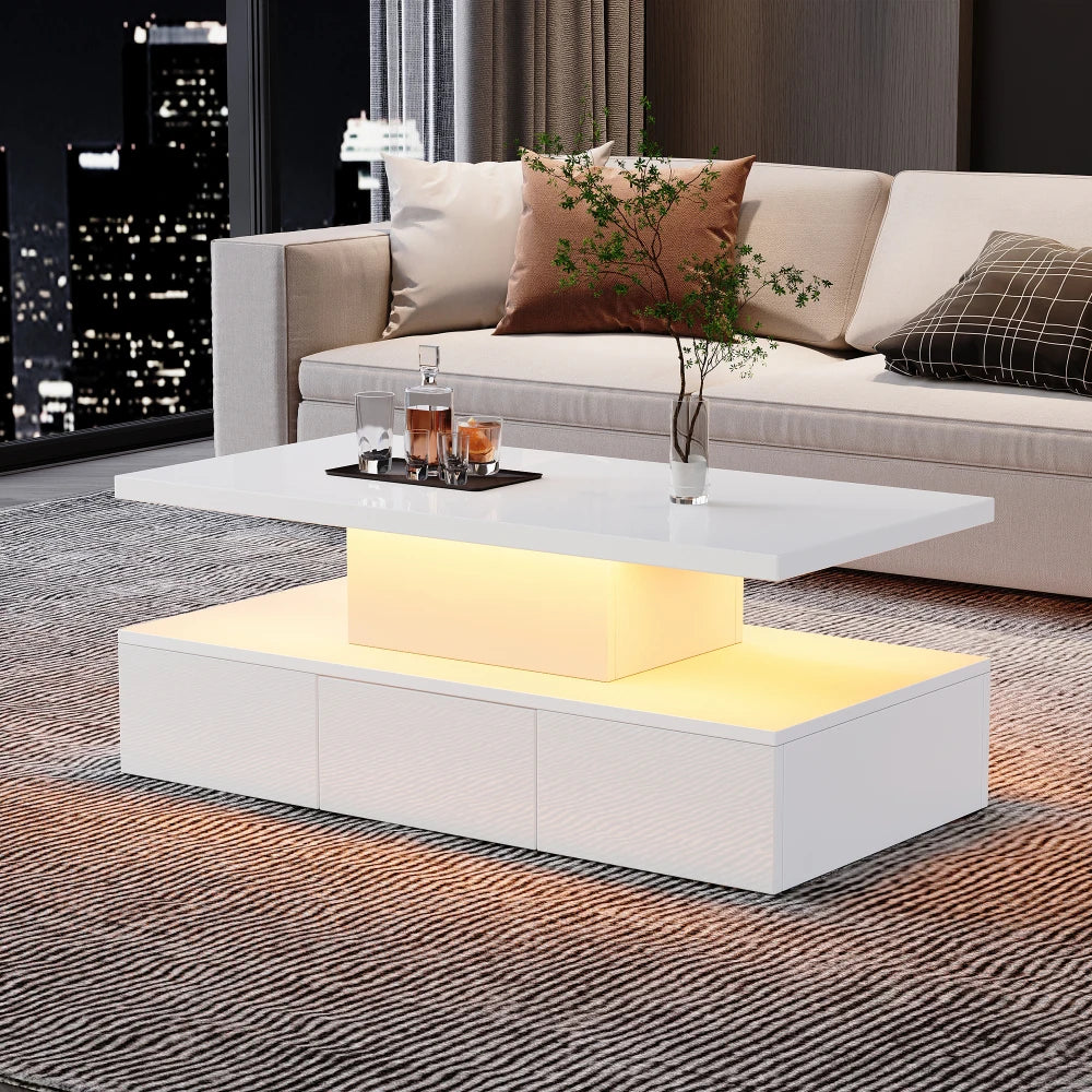 Table basse blanche et en bois rectangulaire avec LED et tiroir 100x50x39 cm