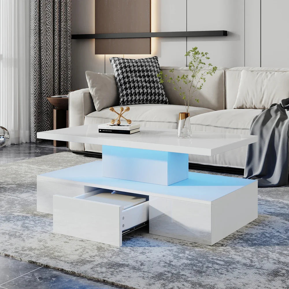 Table basse blanche et en bois rectangulaire avec LED et tiroir 100x50x39 cm