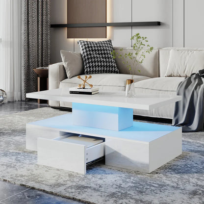 Table basse blanche et en bois rectangulaire avec LED et tiroir 100x50x39 cm