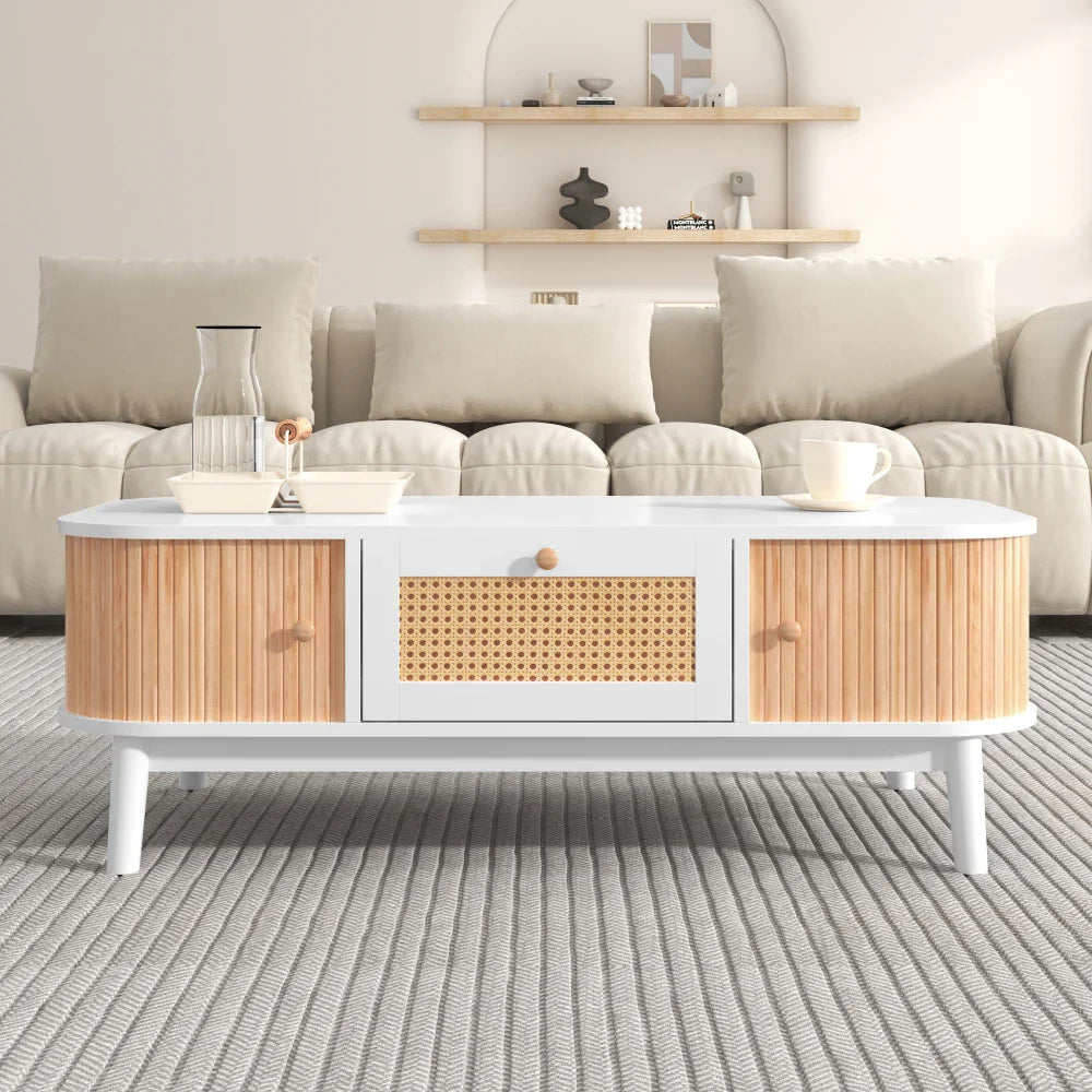 Table basse blanche et en bois avec tiroir en rotin et portes coulissantes 110 x 55 x 38,5 cm MDF