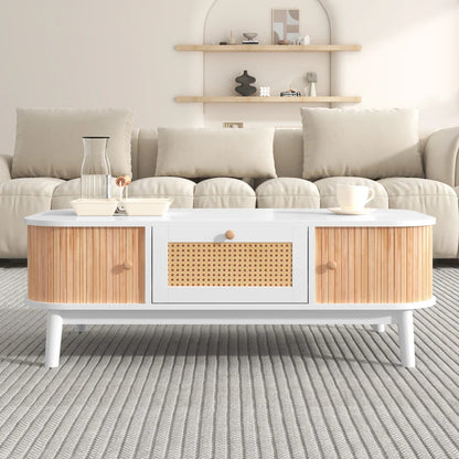 Table basse blanche et en bois avec tiroir en rotin et portes coulissantes 110 x 55 x 38,5 cm MDF