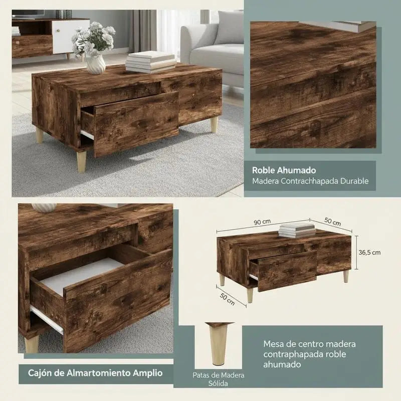 Table basse en bois massif avec tiroir de rangement
