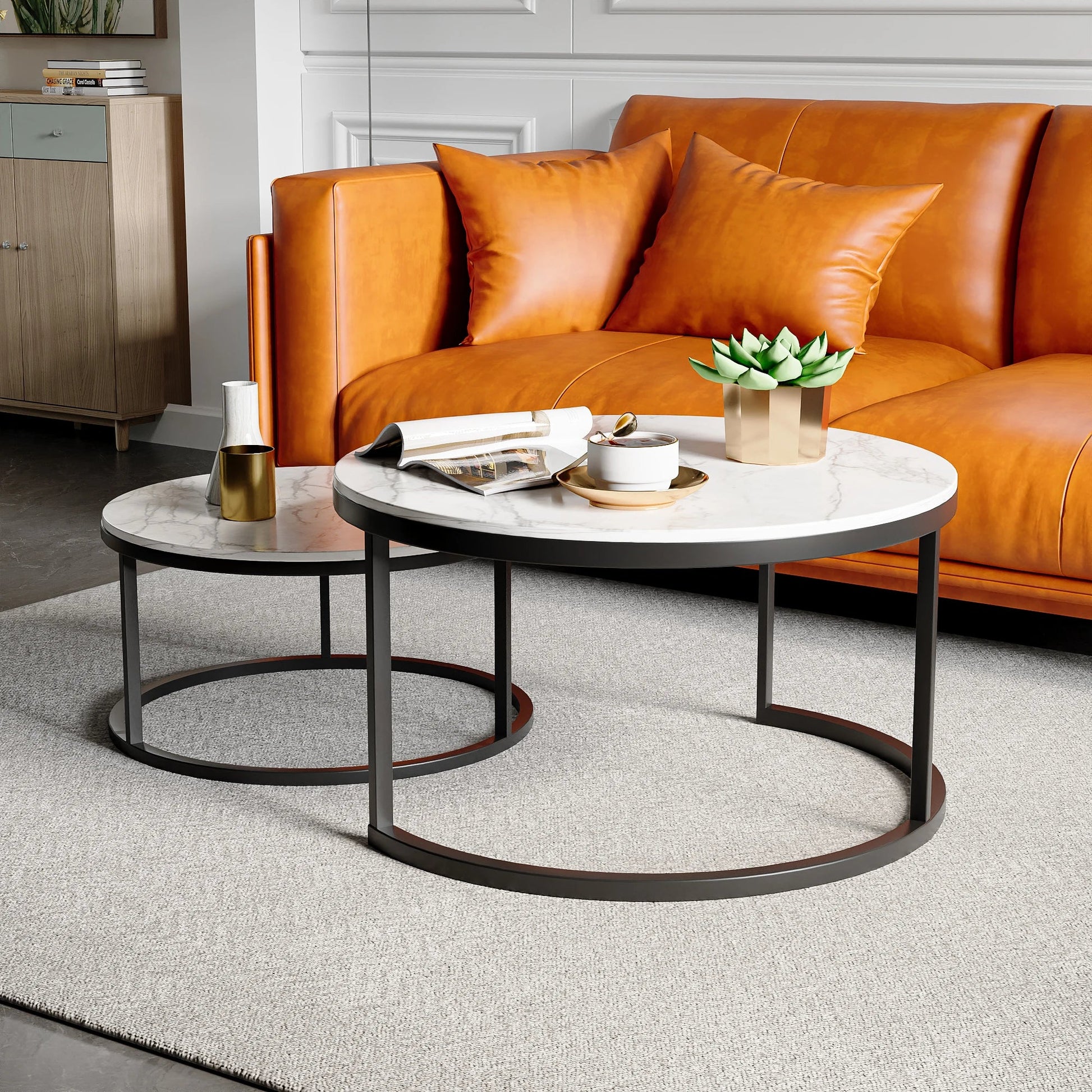 Table basse ronde en bois MDF avec piètement métal doré et noir