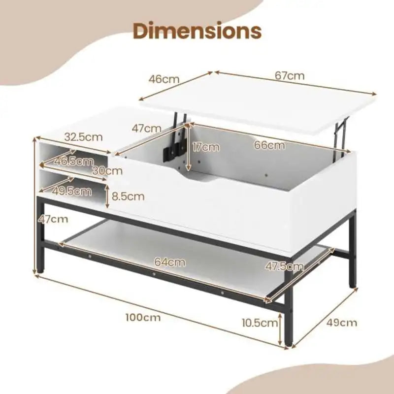 Table basse blanche et en bois avec plateau levant et compartiment caché
