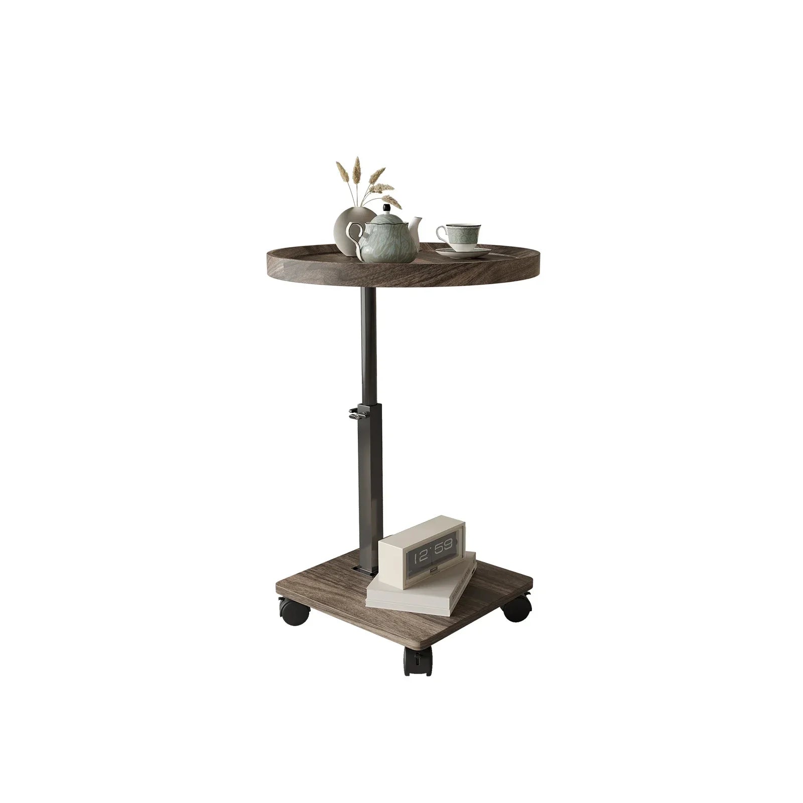 Table basse ronde en bois 2 niveaux avec roulettes réglable en hauteur