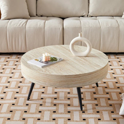 Table basse ronde en bois MDF effet travertin clair avec piètement métal noir 70 cm