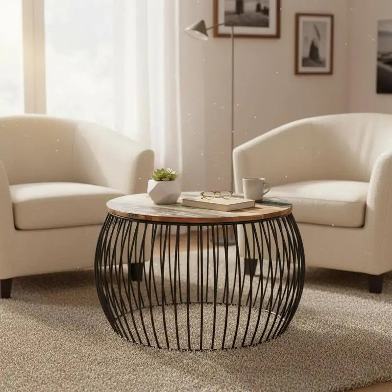 Table basse ronde en bois massif recyclé avec piètement acier