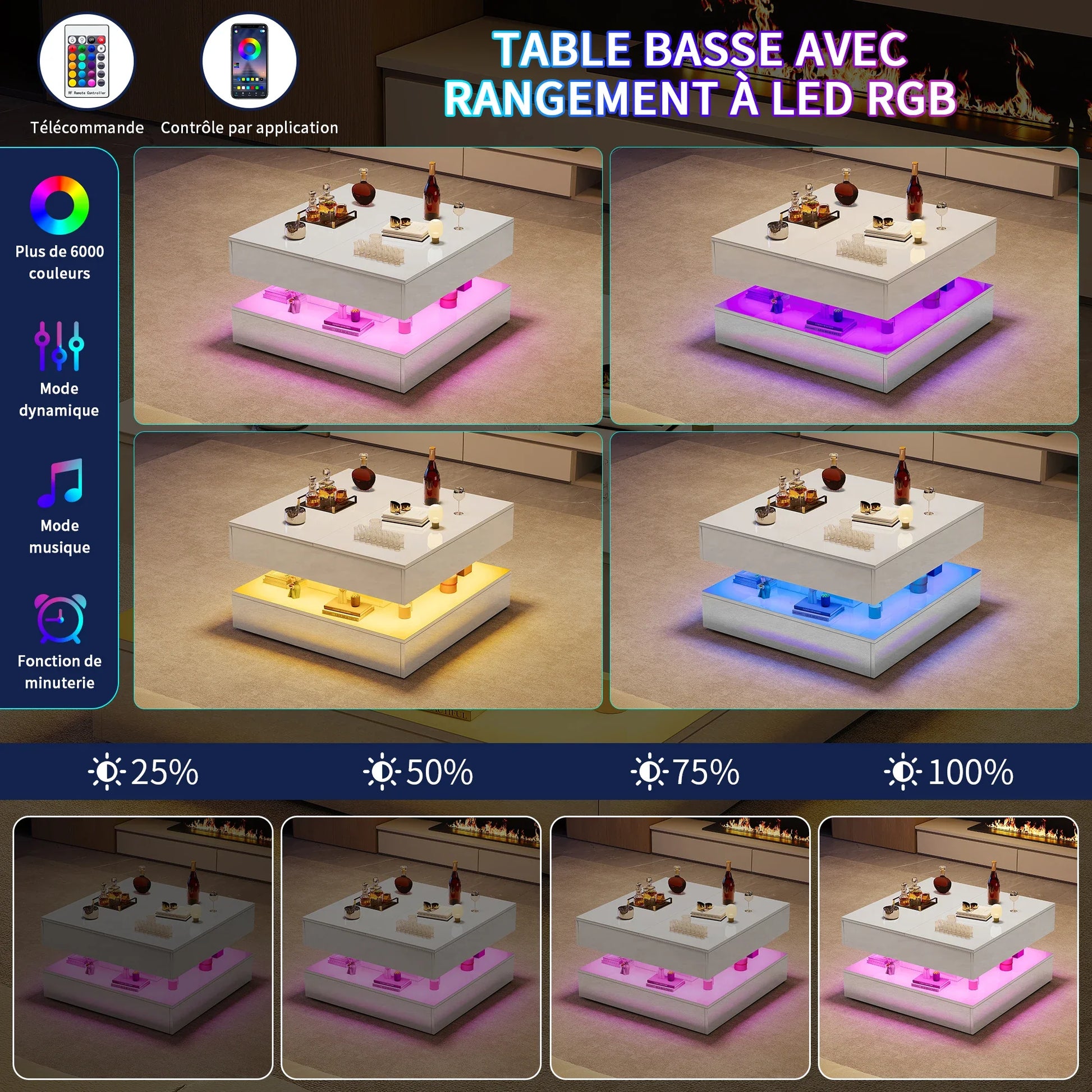 Table basse blanche et en bois multifonctionnelle avec LED RGB et tiroirs à ouverture tactile