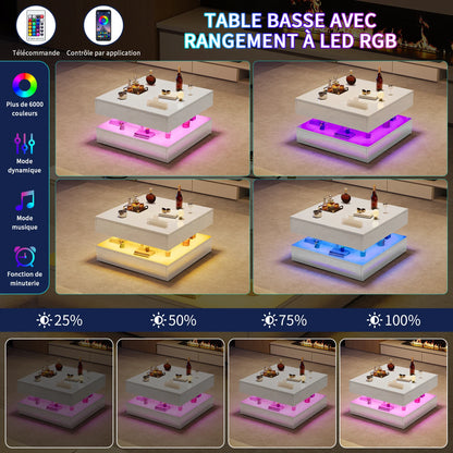 Table basse blanche et en bois multifonctionnelle avec LED RGB et tiroirs à ouverture tactile