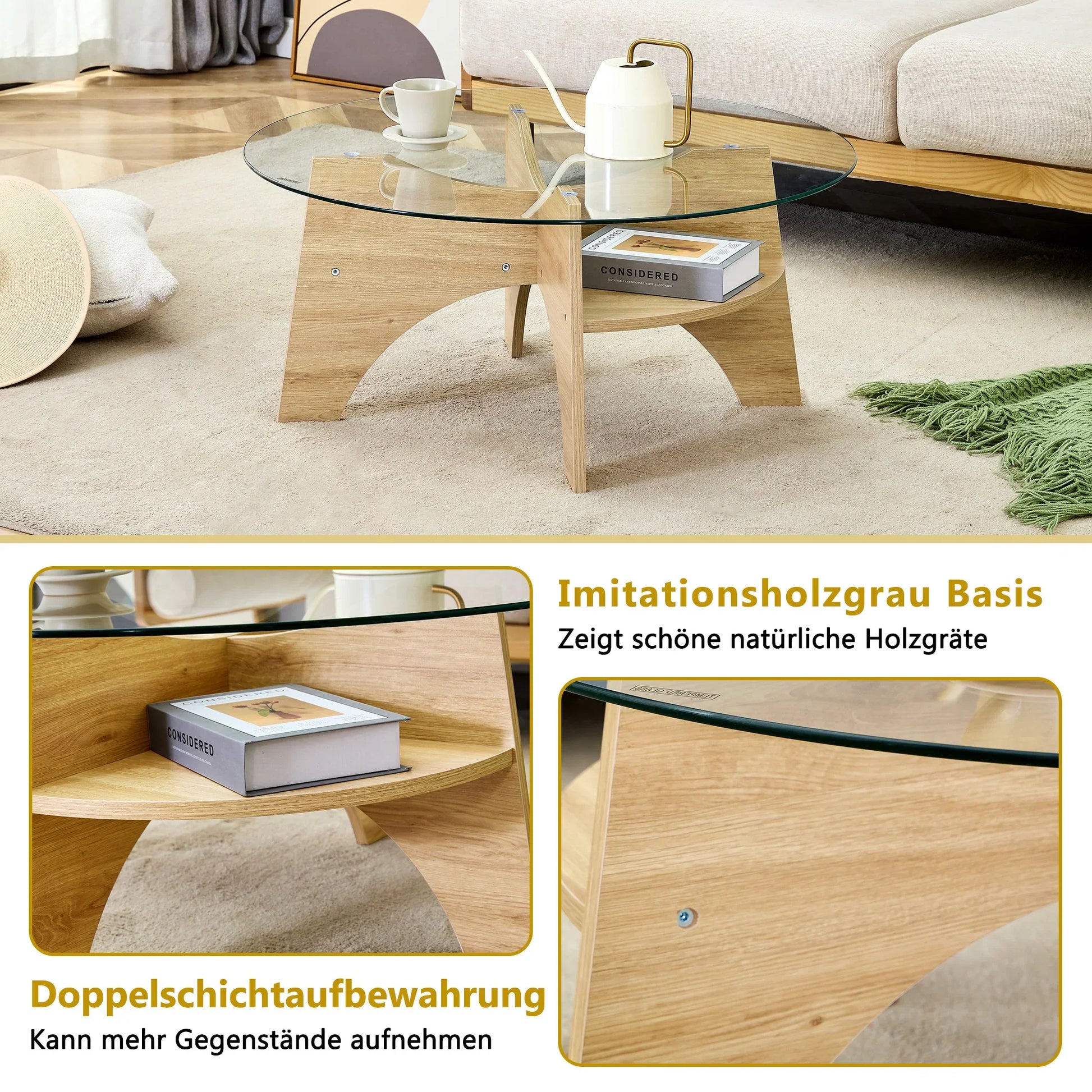 Table basse bois clair et verre transparent ronde 80 cm avec pieds éventail
