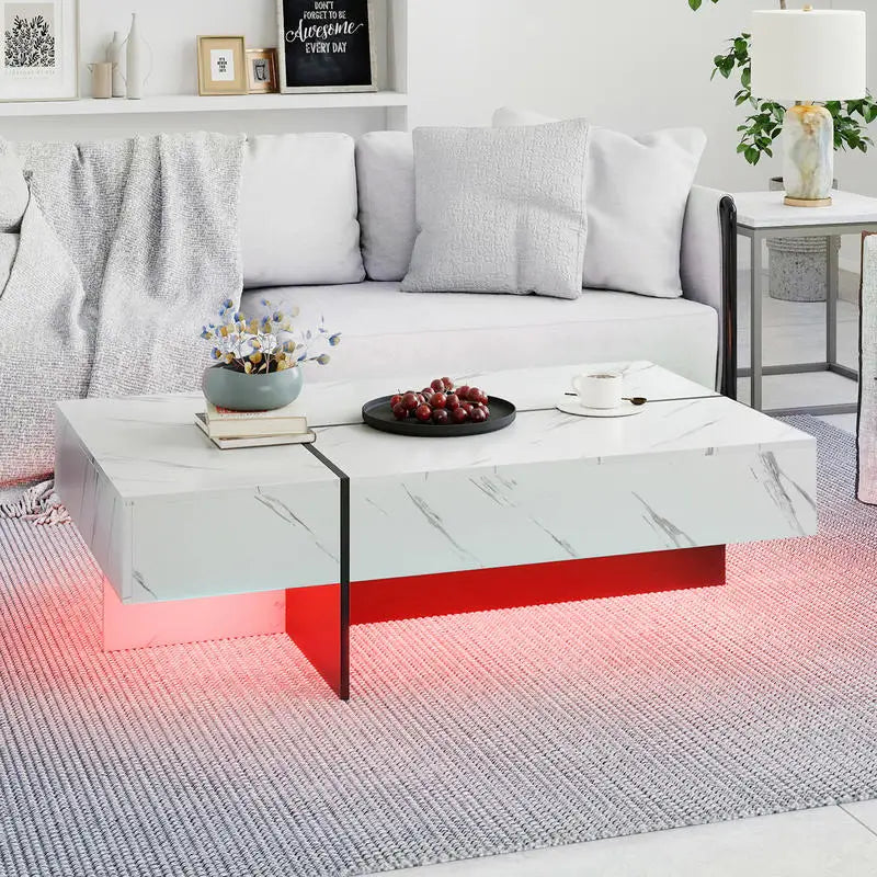 Table basse blanche et en bois MDF avec tiroirs et LED multicolores