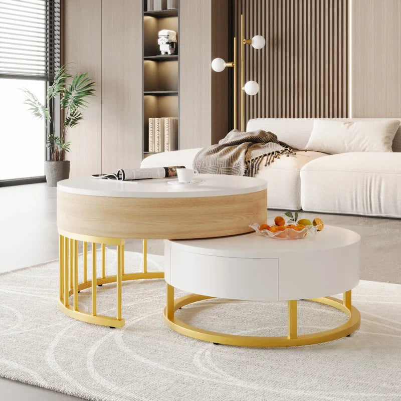 Table basse ronde en bois MDF avec piètement métal doré et tiroir