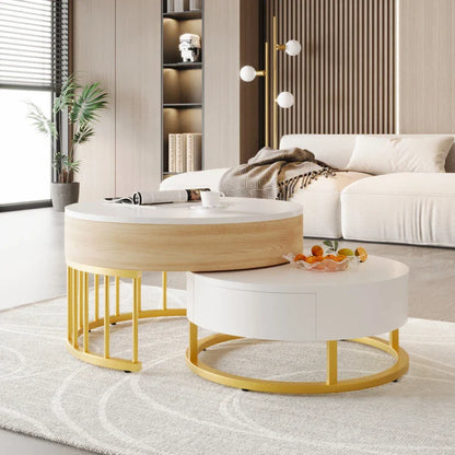 Table basse ronde en bois MDF avec piètement métal doré et tiroir
