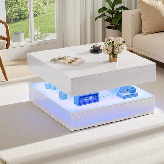 Table basse blanche et en bois multifonctionnelle avec LED RGB et tiroirs à ouverture tactile