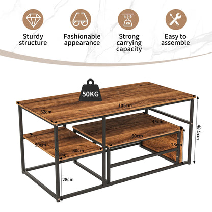 Table basse blanche et en bois avec étagères et cadre en acier 105x52x48.5 cm