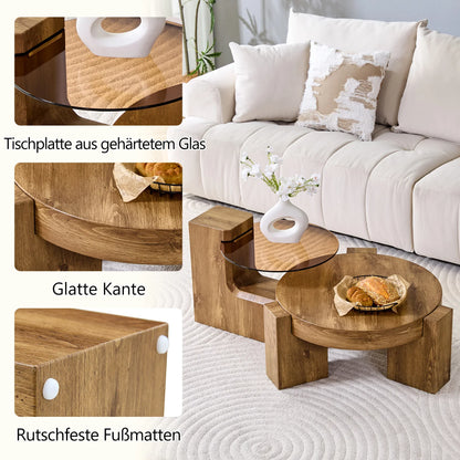 Table basse ronde en bois MDF et verre trempé teinté brun gigogne 2 pièces