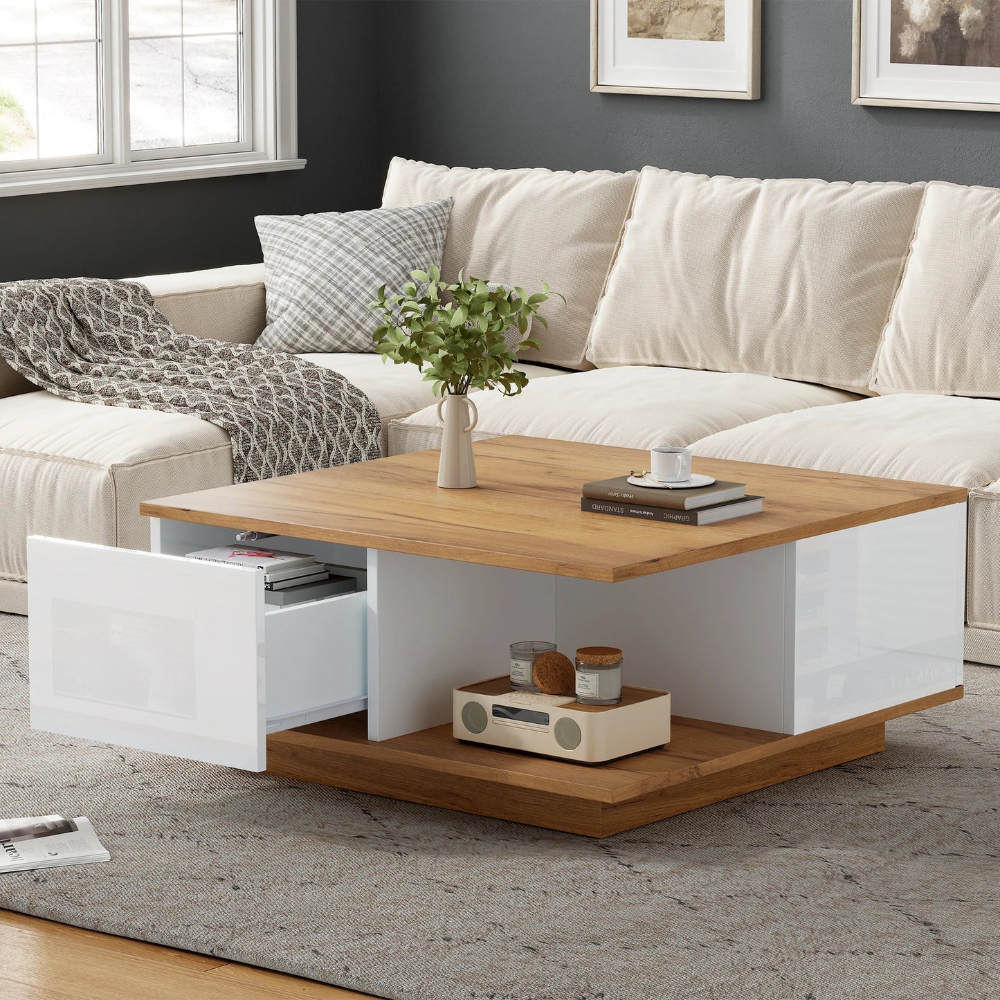 Table basse blanche et en bois avec tiroirs géométrique haut brillant