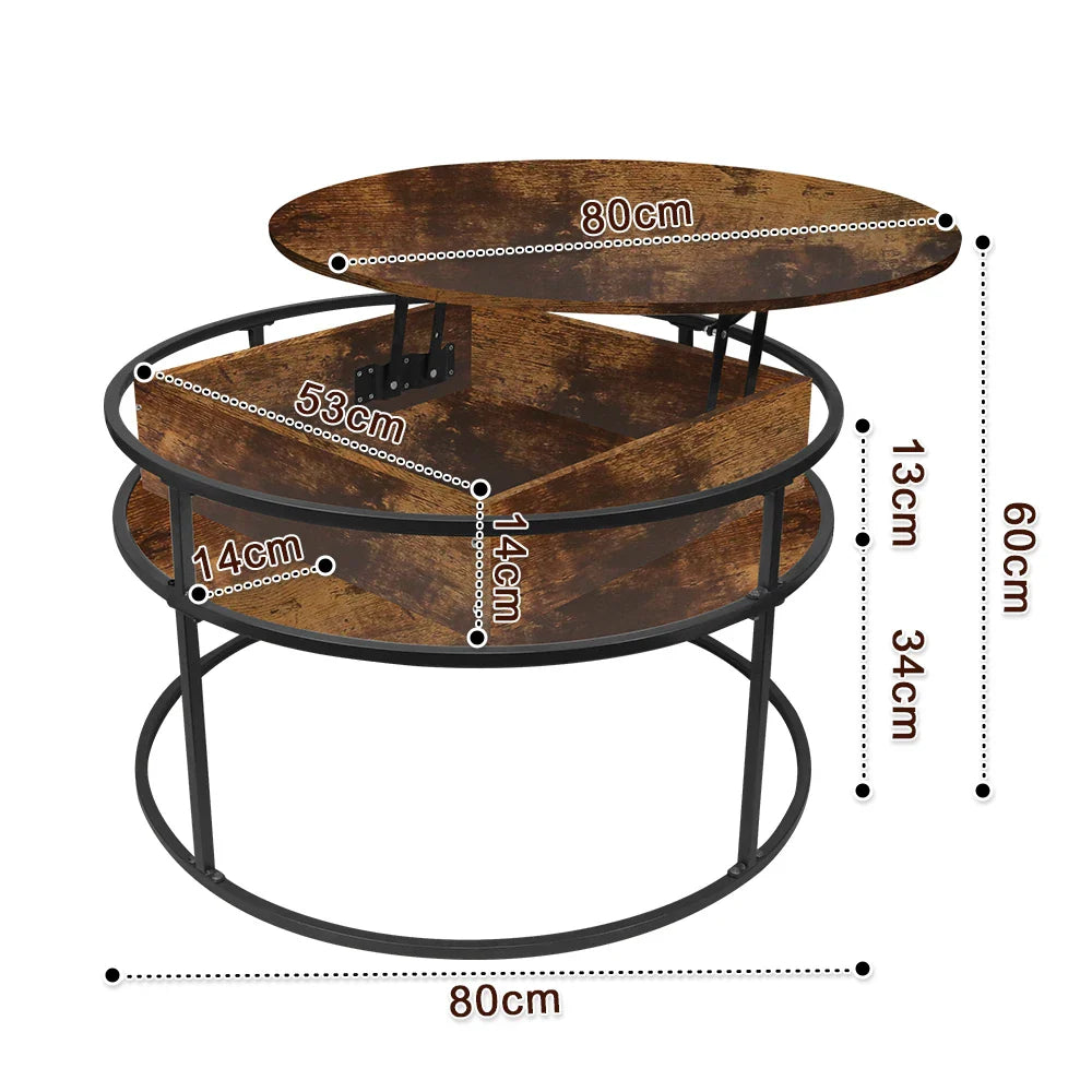 Table basse ronde en bois avec plateau relevable et rangement 80x80x47 cm