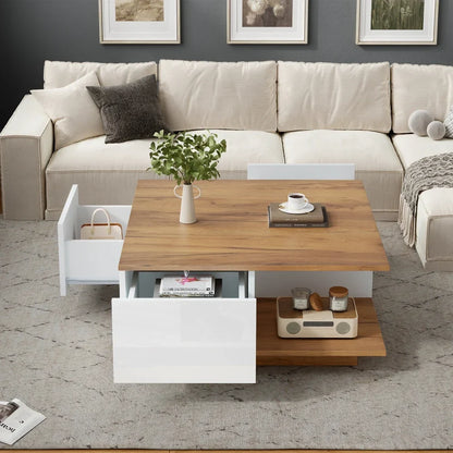 Table basse bois clair 70x70x31.5 cm avec 3 tiroirs et rangement semi-ouvert