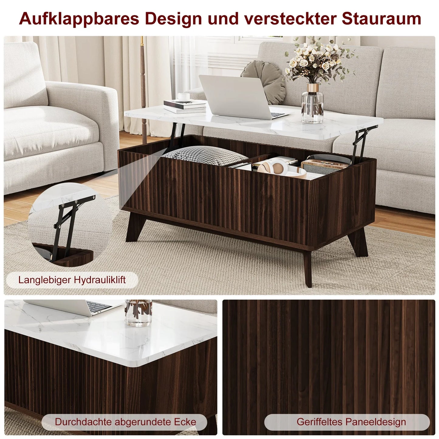 Table basse bois clair avec plateau relevable et rangement 105 x 84 x 42 cm