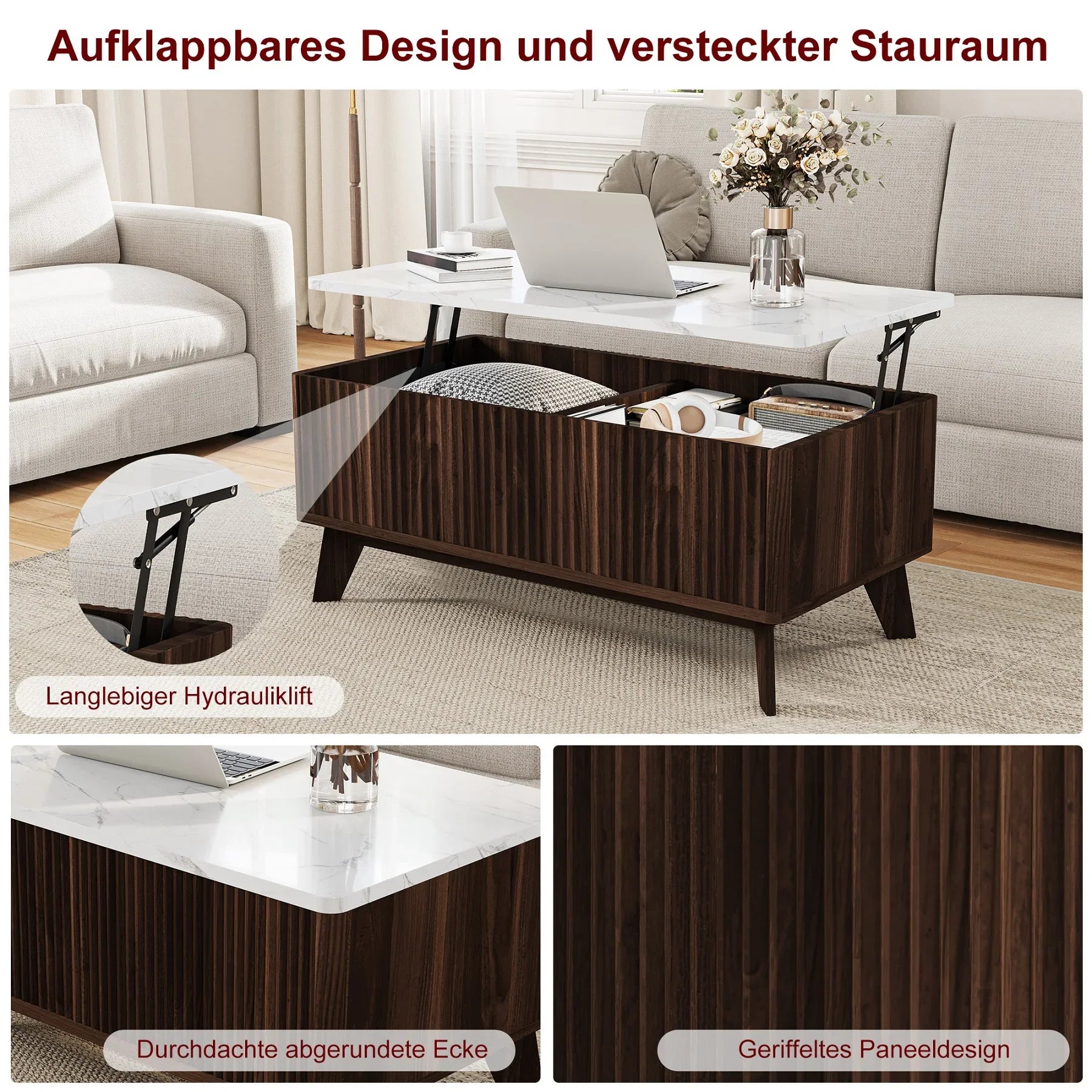 Table basse bois clair avec plateau relevable et rangement 105 x 84 x 42 cm