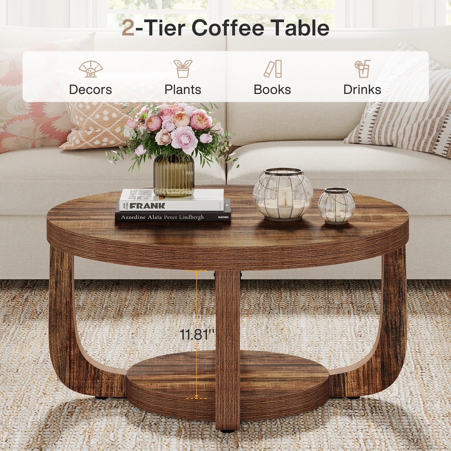 Table basse ronde en bois 2 niveaux avec rangement 80 cm