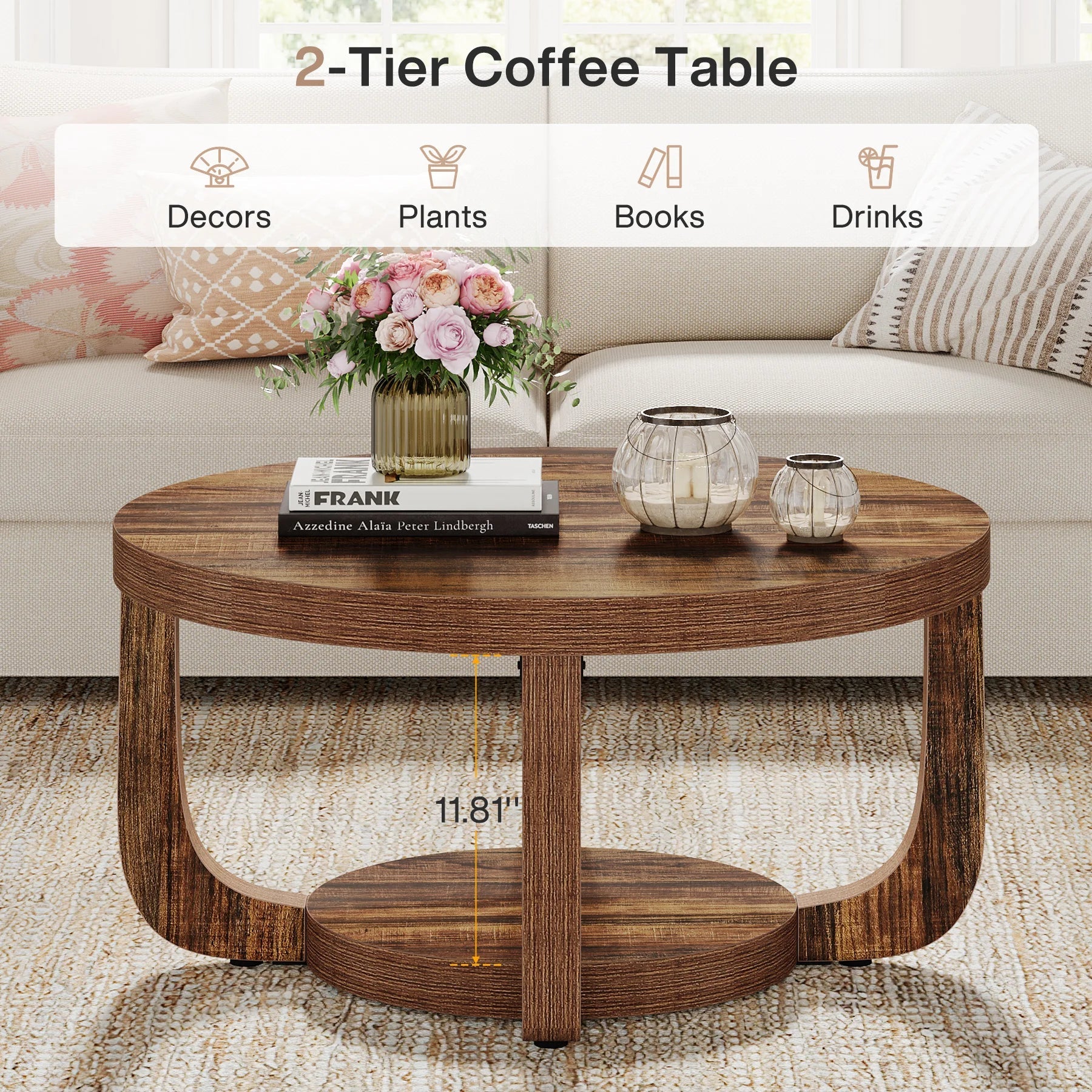 Table basse ronde en bois 2 niveaux avec rangement 80 cm