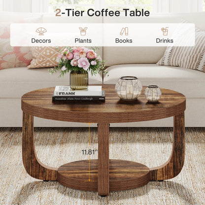 Table basse ronde en bois 2 niveaux avec rangement 80 cm
