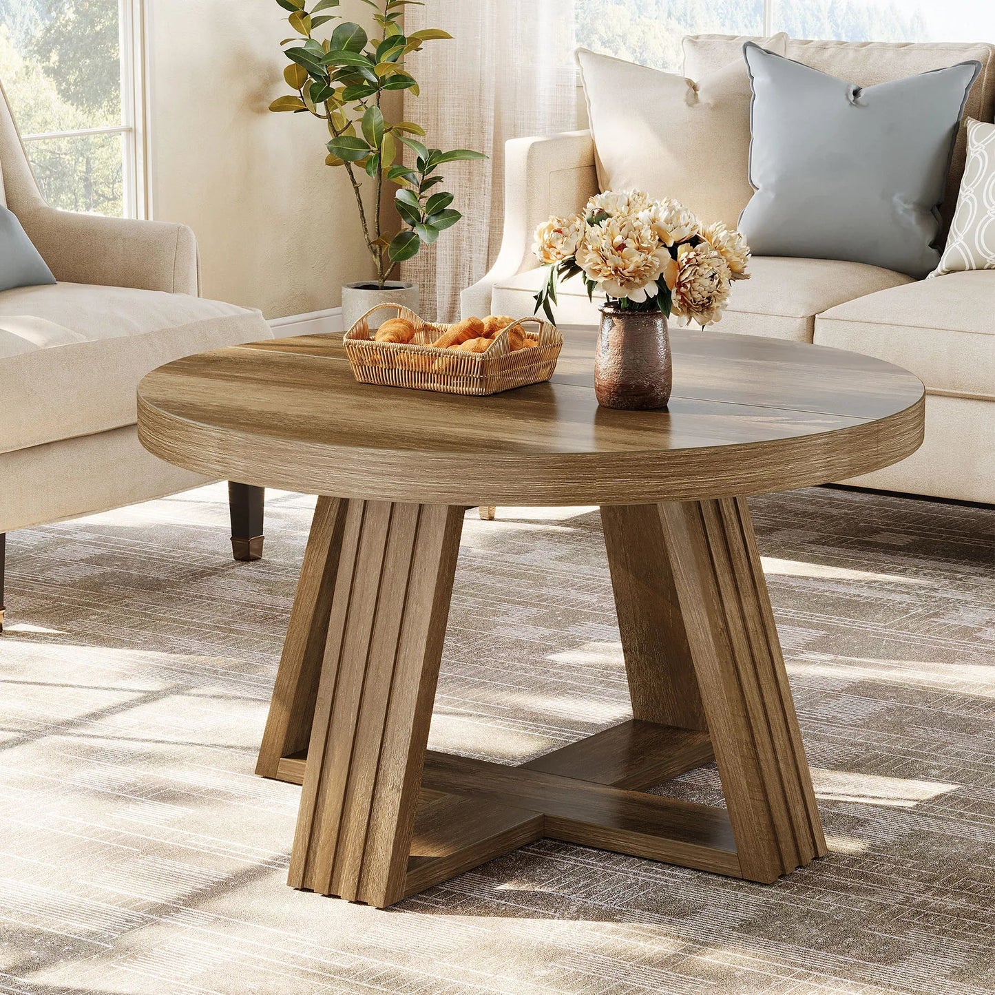 Table basse ronde en bois 80 cm avec plateau massif et piétement croisé