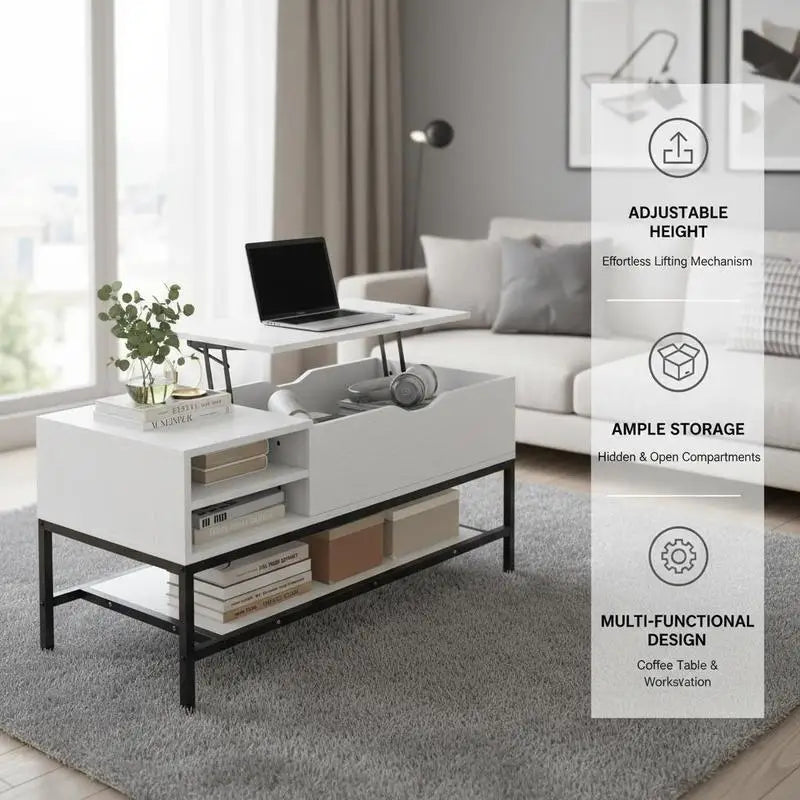 Table basse blanche et en bois avec plateau levant et compartiment caché