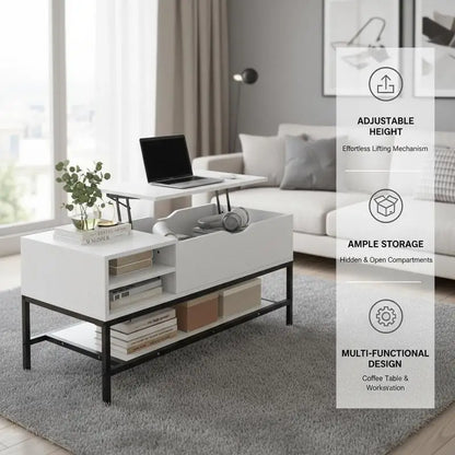 Table basse blanche et en bois avec plateau levant et compartiment caché