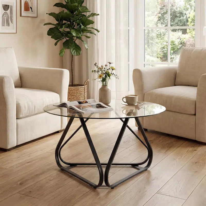 Table basse ronde en bois avec plateau verre trempé piètement métal noir 80 cm