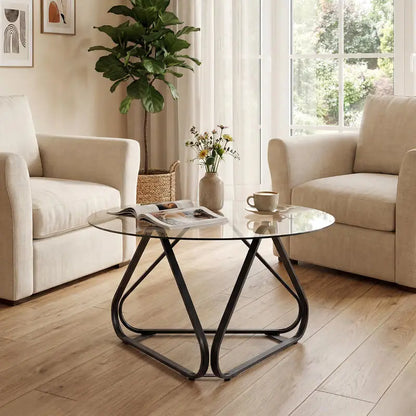 Table basse ronde en bois avec plateau verre trempé piètement métal noir 80 cm