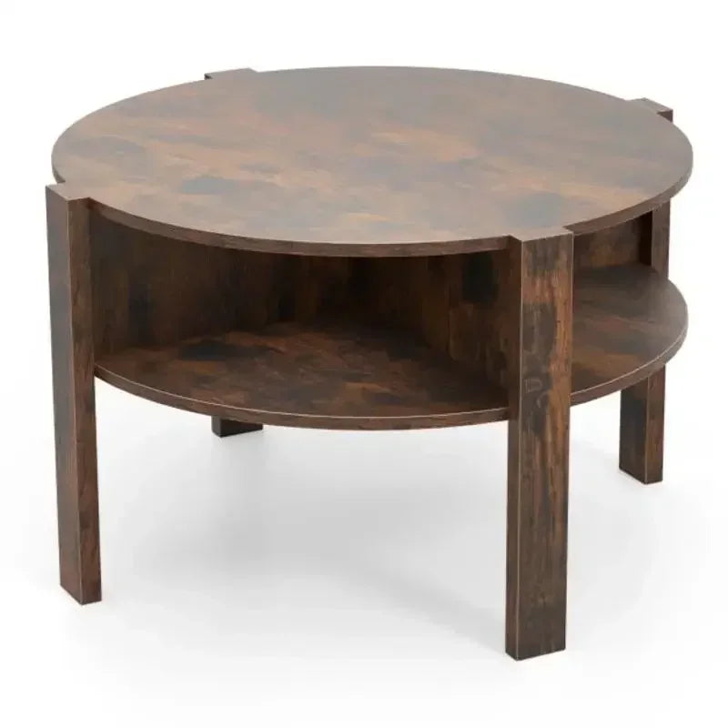Table basse ronde en bois 2 niveaux avec 4 étagères marron rustique