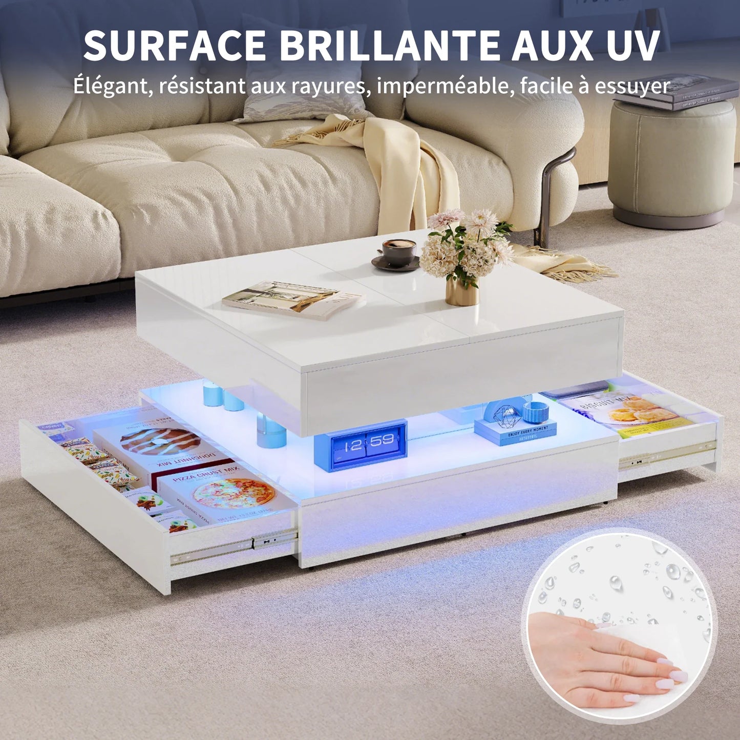 Table basse blanche et en bois multifonctionnelle avec LED RGB et tiroirs à ouverture tactile