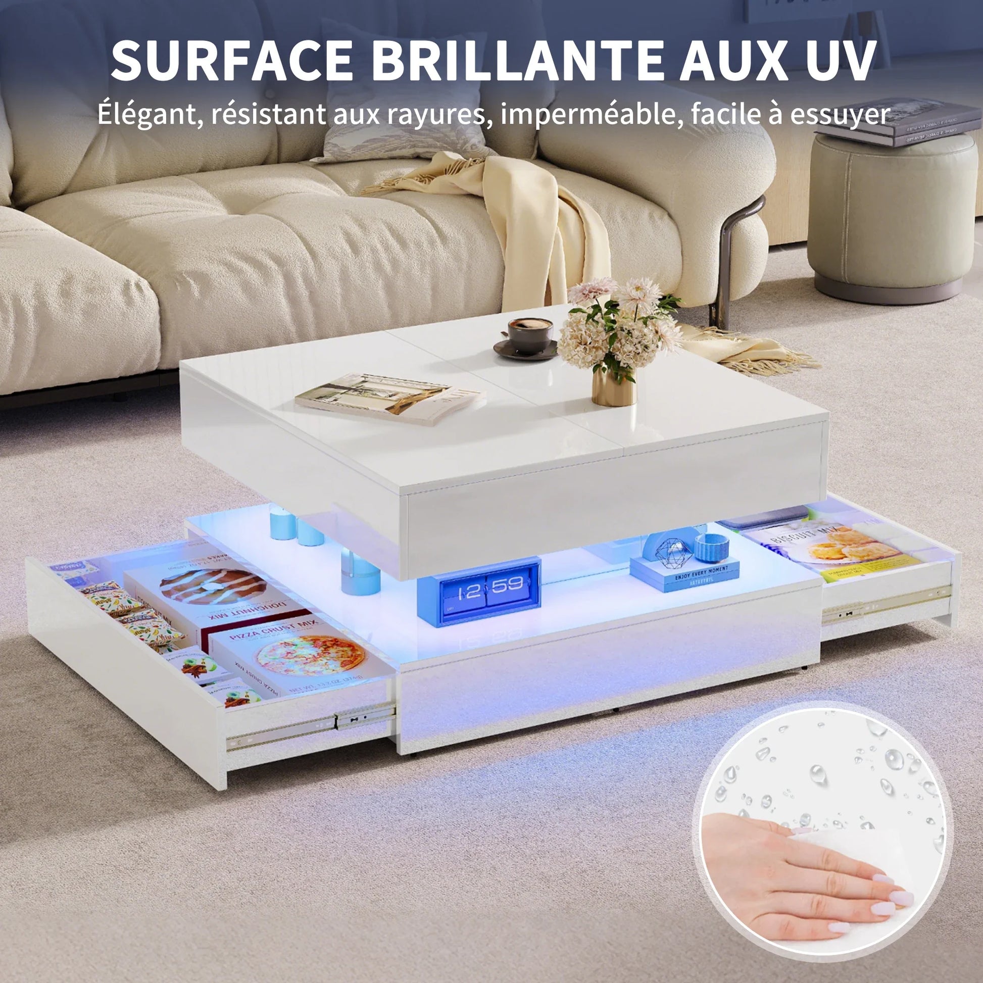 Table basse blanche et en bois multifonctionnelle avec LED RGB et tiroirs à ouverture tactile