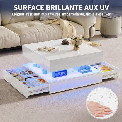 Table basse blanche et en bois multifonctionnelle avec LED RGB et tiroirs à ouverture tactile