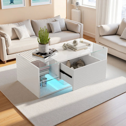 Table basse blanche et en bois avec éclairage LED et rangement