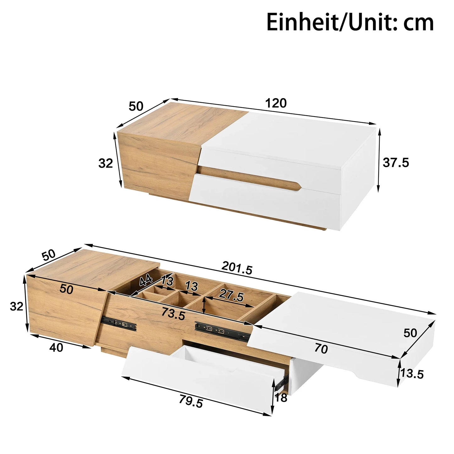 Table basse blanche et en bois panneau de particules extensible 120x50x37,5 cm