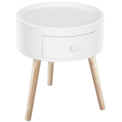 Table basse blanche et en bois ronde avec tiroir 85 x 50 x 45 cm pin massif