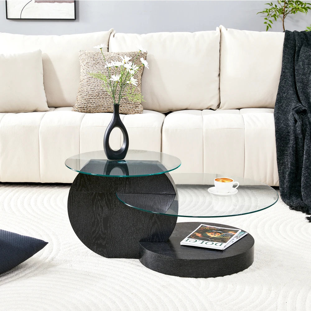 Table basse ronde en bois MDF avec verre trempé double étagère