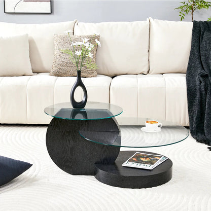 Table basse ronde en bois MDF avec verre trempé double étagère