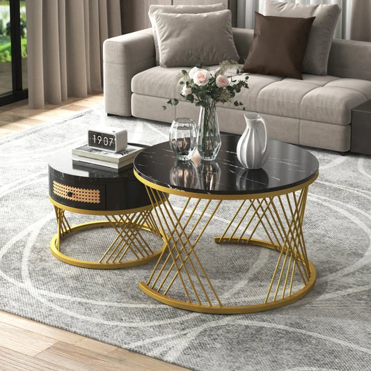 Table basse ronde en bois MDF avec plateau marbre et tiroirs rotin