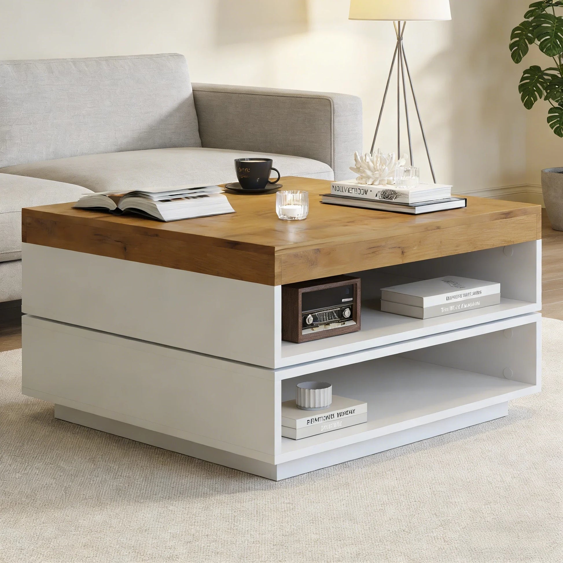 Table basse blanche et en bois carrée 65x65x40 cm avec plateau pivotant 360° et lumières LED