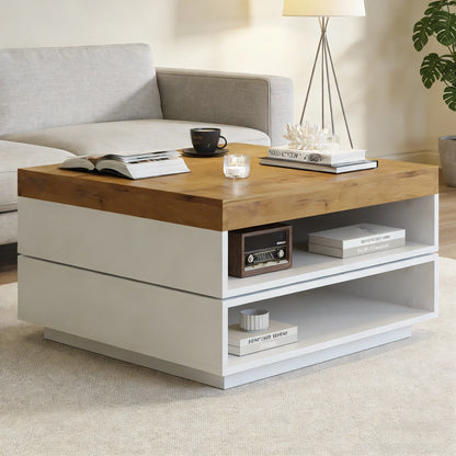 Table basse blanche et en bois carrée 65x65x40 cm avec plateau pivotant 360° et lumières LED